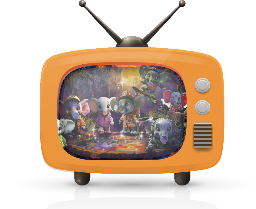 A herd of Toots performing on a retro TV